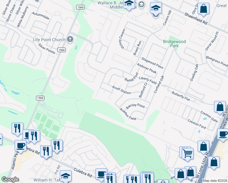 map of restaurants, bars, coffee shops, grocery stores, and more near 11211 Saratoga Coach in San Antonio