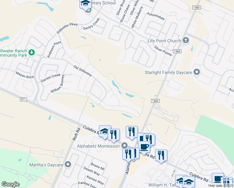 map of restaurants, bars, coffee shops, grocery stores, and more near 7530 McKinney Hills in San Antonio