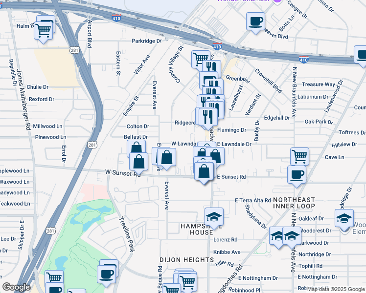 map of restaurants, bars, coffee shops, grocery stores, and more near 1612 West Lawndale Drive in San Antonio