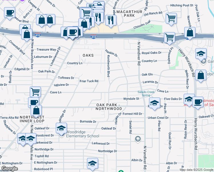 map of restaurants, bars, coffee shops, grocery stores, and more near 2000 Kenilworth Boulevard in San Antonio