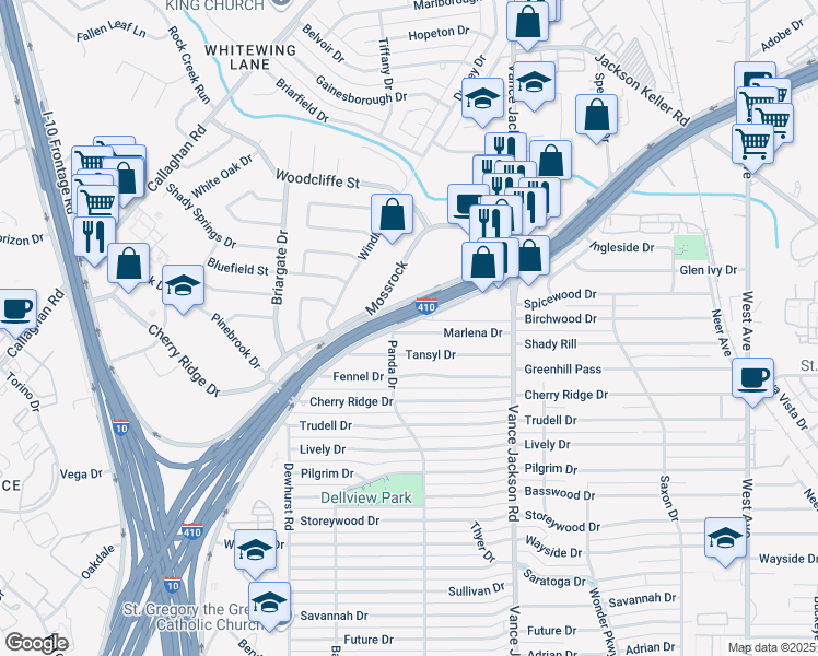 map of restaurants, bars, coffee shops, grocery stores, and more near 179 Marlena Drive in San Antonio