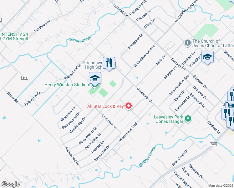 map of restaurants, bars, coffee shops, grocery stores, and more near 1018 West Castlewood Avenue in Friendswood