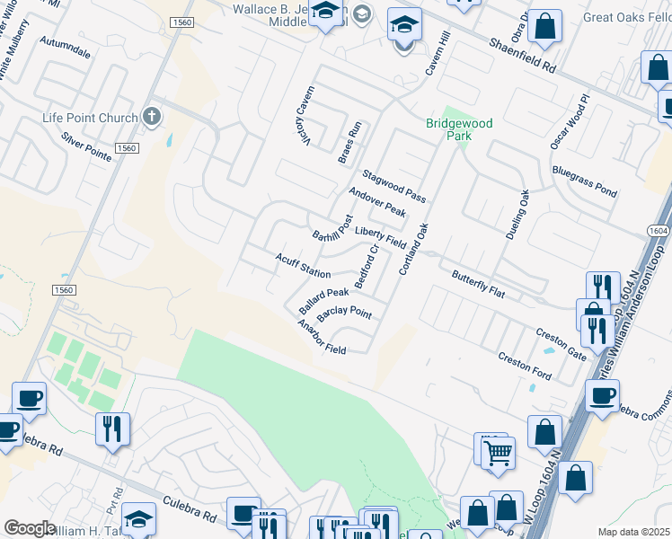 map of restaurants, bars, coffee shops, grocery stores, and more near 11131 Acuff Station in San Antonio