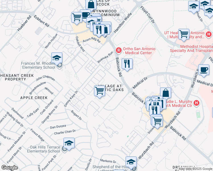 map of restaurants, bars, coffee shops, grocery stores, and more near 7830 Rustic Park in San Antonio