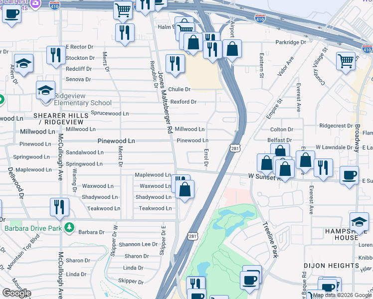 map of restaurants, bars, coffee shops, grocery stores, and more near 519 Sandalwood Lane in San Antonio