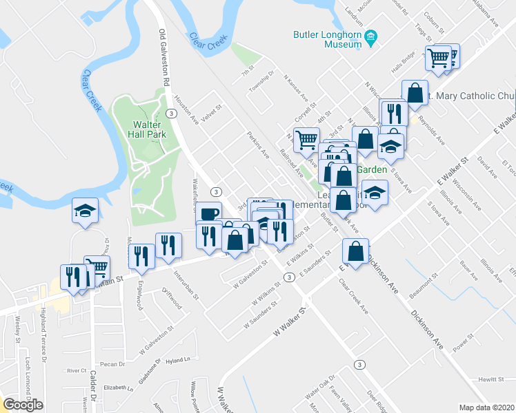 map of restaurants, bars, coffee shops, grocery stores, and more near 309 Houston Avenue in League City