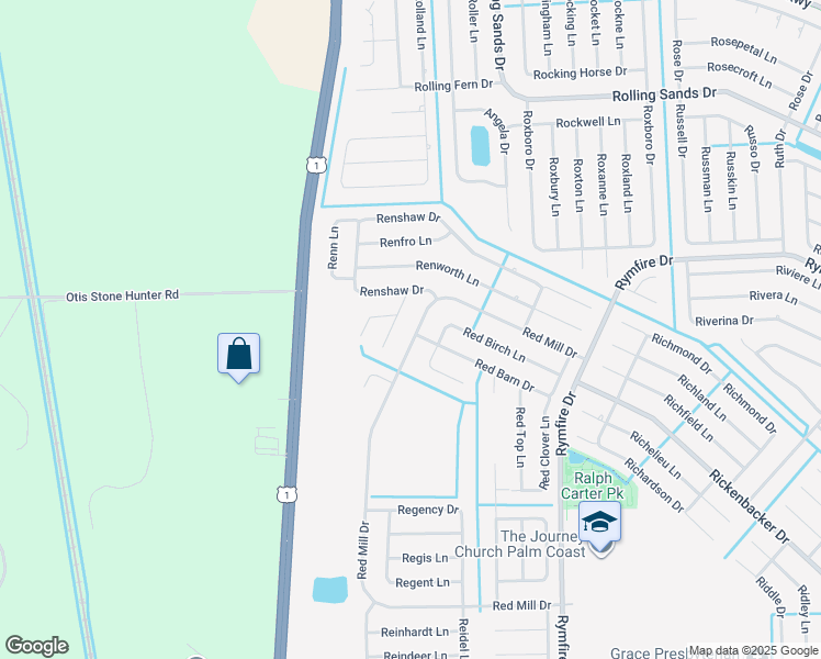 map of restaurants, bars, coffee shops, grocery stores, and more near 89 Red Mill Drive in Palm Coast