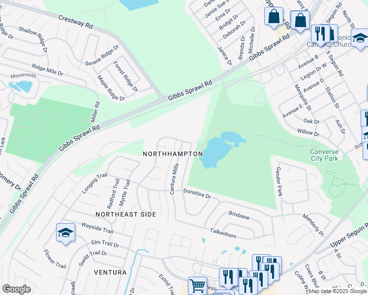 map of restaurants, bars, coffee shops, grocery stores, and more near 8230 Chestnut Manor Drive in Converse