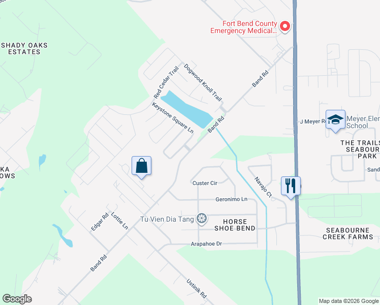 map of restaurants, bars, coffee shops, grocery stores, and more near 2100 Band Road in Rosenberg