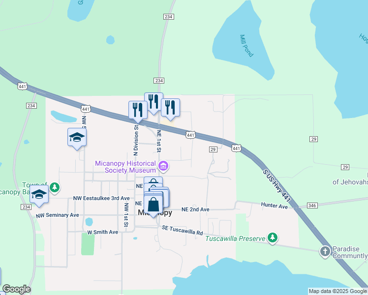 map of restaurants, bars, coffee shops, grocery stores, and more near 715 Northeast Cholokka Boulevard in Micanopy