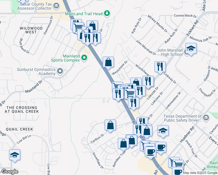 map of restaurants, bars, coffee shops, grocery stores, and more near 7659 Texas 16 in San Antonio
