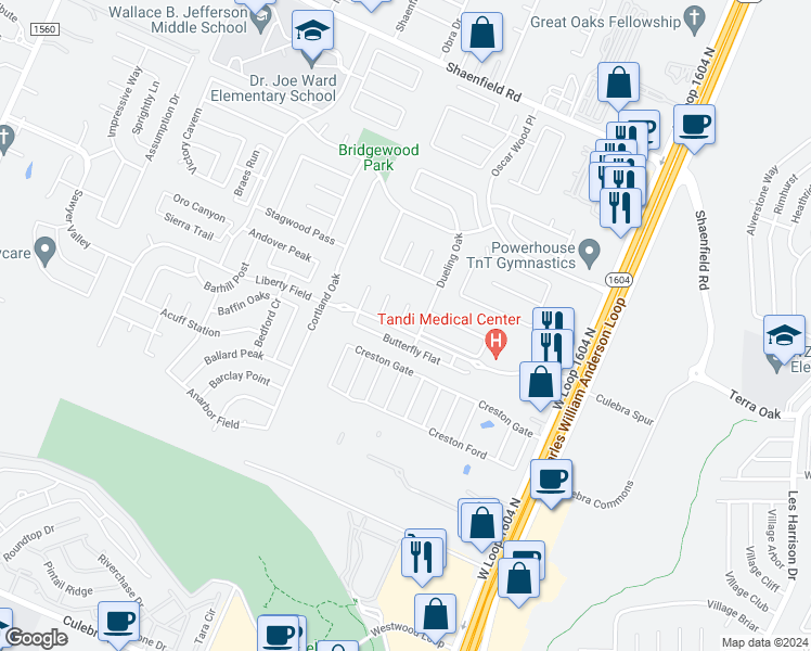 map of restaurants, bars, coffee shops, grocery stores, and more near 10731 Barbwire Pass in San Antonio