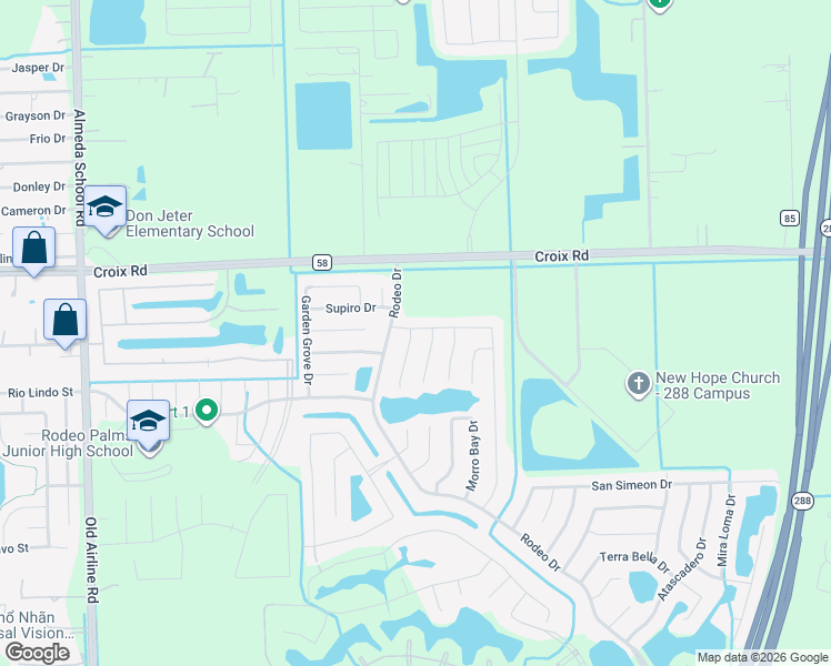map of restaurants, bars, coffee shops, grocery stores, and more near 32 Lavida Court in Manvel