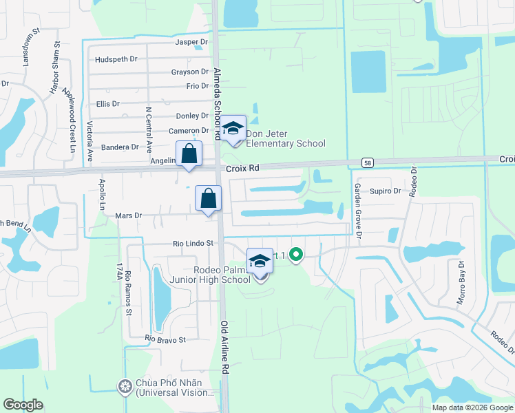 map of restaurants, bars, coffee shops, grocery stores, and more near 2634 Newport Lake Blvd. in Manvel