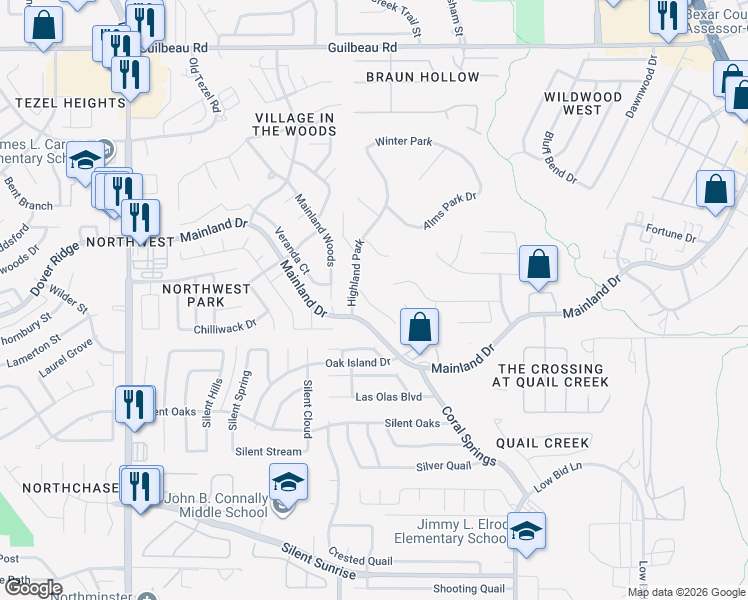 map of restaurants, bars, coffee shops, grocery stores, and more near 10119 Winton Park Drive in San Antonio