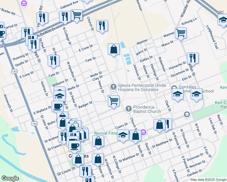 map of restaurants, bars, coffee shops, grocery stores, and more near 1009 Jesse Smith Street in Gonzales