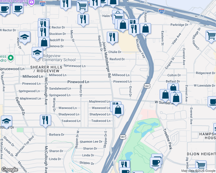 map of restaurants, bars, coffee shops, grocery stores, and more near 467 Sandalwood Lane in San Antonio