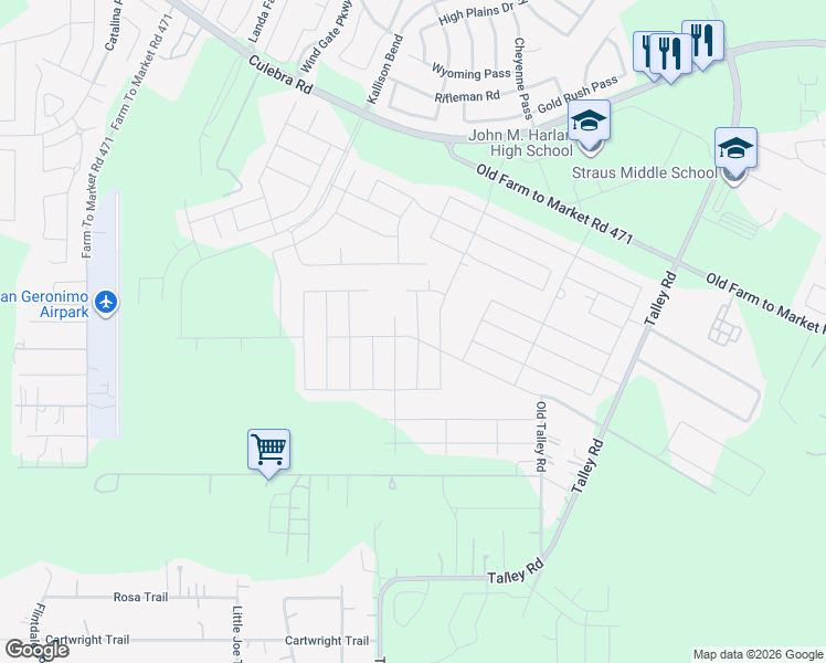 map of restaurants, bars, coffee shops, grocery stores, and more near 7503 Boa Hollow in San Antonio