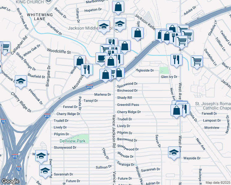 map of restaurants, bars, coffee shops, grocery stores, and more near 274 Birchwood Drive in San Antonio