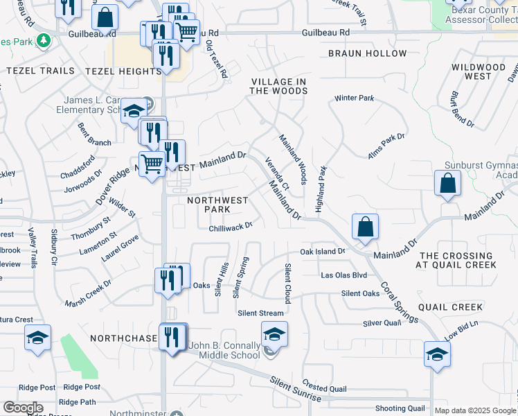 map of restaurants, bars, coffee shops, grocery stores, and more near 7334 Oswego Drive in San Antonio