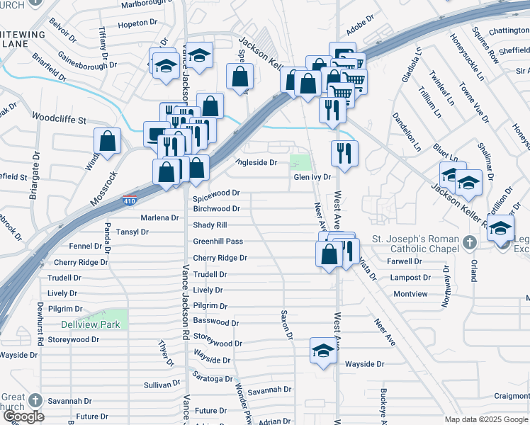 map of restaurants, bars, coffee shops, grocery stores, and more near 162 Birchwood Drive in San Antonio