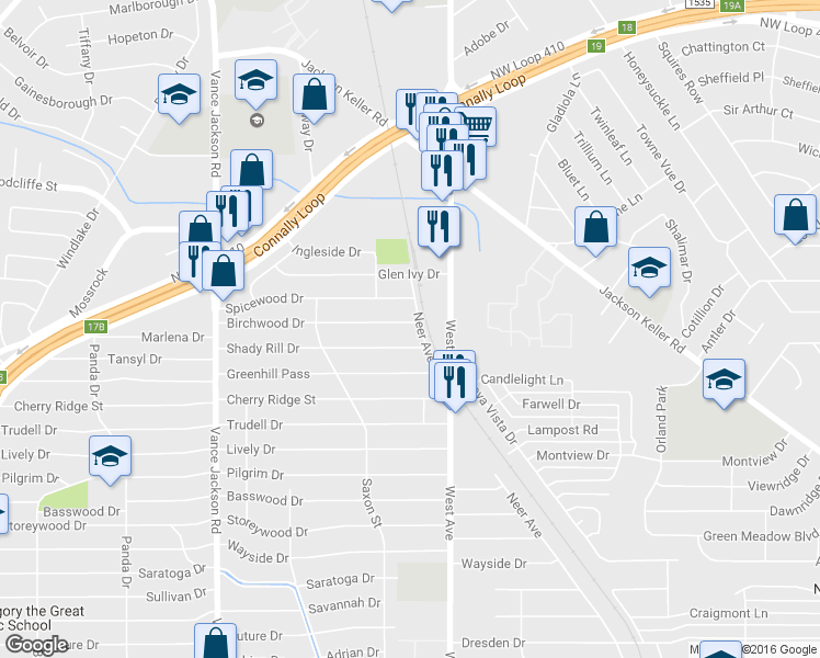 map of restaurants, bars, coffee shops, grocery stores, and more near 106 Birchwood Dr in San Antonio