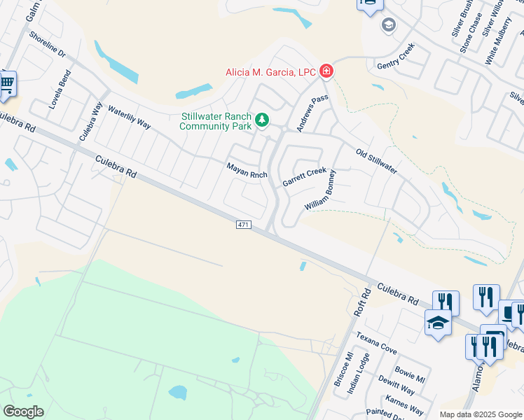 map of restaurants, bars, coffee shops, grocery stores, and more near 12502 Prude Ranch in San Antonio