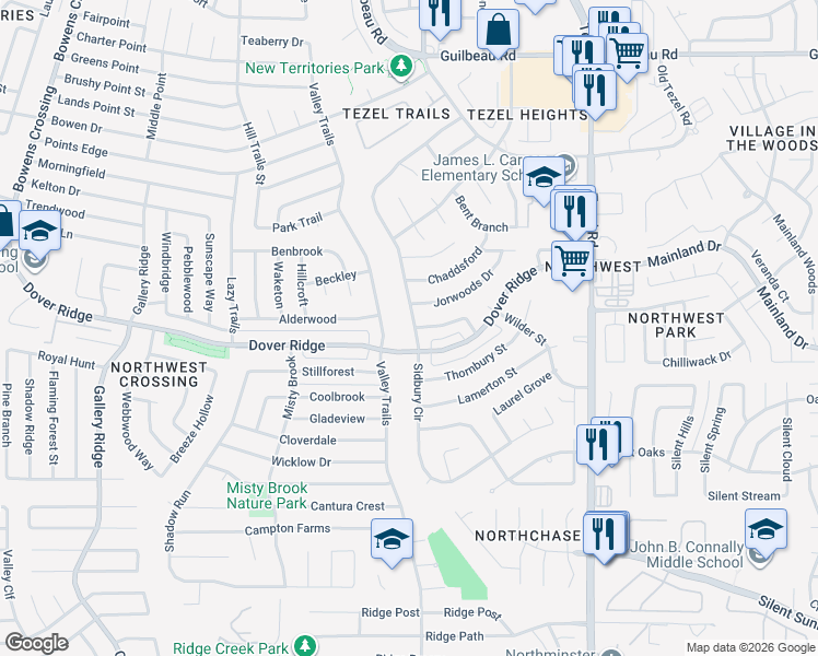 map of restaurants, bars, coffee shops, grocery stores, and more near 7510 Valley Trails in San Antonio