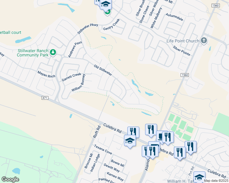map of restaurants, bars, coffee shops, grocery stores, and more near 12125 White River Drive in San Antonio