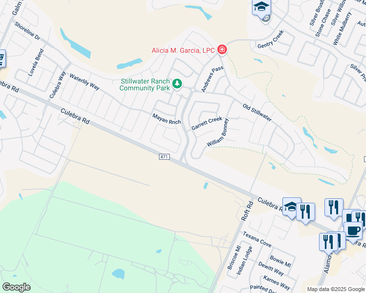 map of restaurants, bars, coffee shops, grocery stores, and more near 12502 Prude Ranch in San Antonio