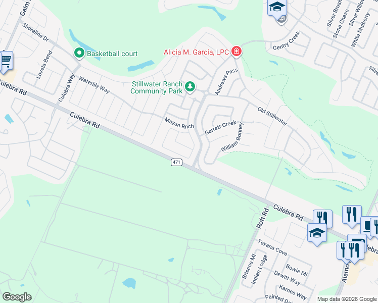 map of restaurants, bars, coffee shops, grocery stores, and more near 12502 Prude Ranch in San Antonio