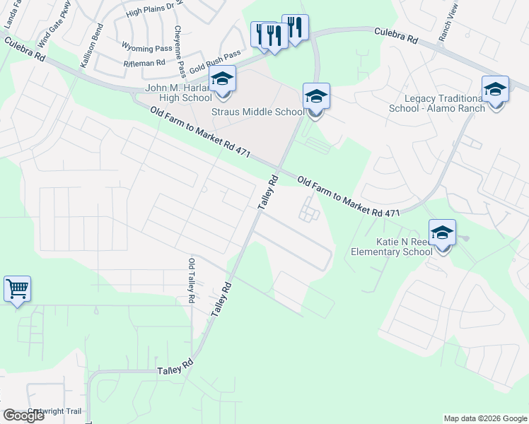 map of restaurants, bars, coffee shops, grocery stores, and more near 1 Pvt Road in San Antonio