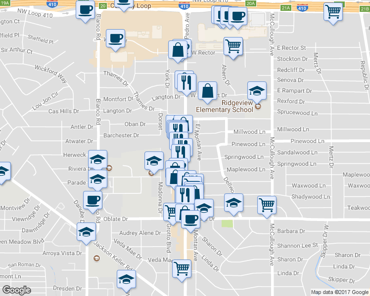 map of restaurants, bars, coffee shops, grocery stores, and more near 7046 San Pedro Ave in San Antonio