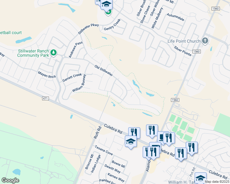 map of restaurants, bars, coffee shops, grocery stores, and more near 12133 White River Drive in San Antonio