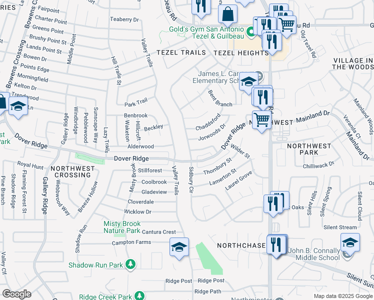 map of restaurants, bars, coffee shops, grocery stores, and more near 7510 Valley Trails in San Antonio