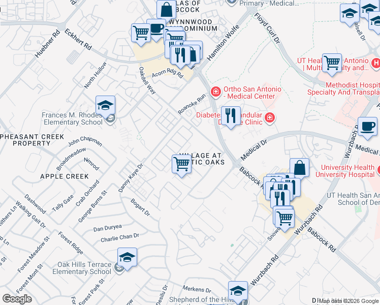 map of restaurants, bars, coffee shops, grocery stores, and more near 7830 Rustic Park in San Antonio