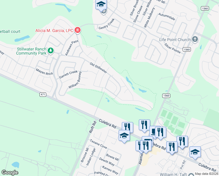 map of restaurants, bars, coffee shops, grocery stores, and more near 12133 White River Drive in San Antonio