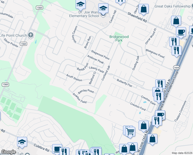 map of restaurants, bars, coffee shops, grocery stores, and more near 7606 Bedford Creek in San Antonio