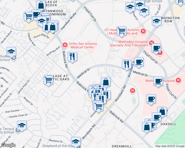 map of restaurants, bars, coffee shops, grocery stores, and more near 5114 Medical Drive in San Antonio