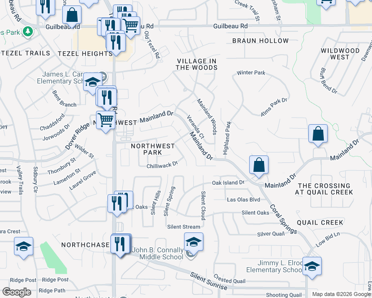 map of restaurants, bars, coffee shops, grocery stores, and more near 7334 Oswego Drive in San Antonio