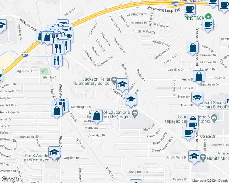 map of restaurants, bars, coffee shops, grocery stores, and more near 1511 Jackson Keller Road in San Antonio
