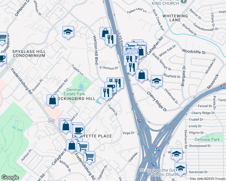 map of restaurants, bars, coffee shops, grocery stores, and more near 7863 Callaghan Road in San Antonio