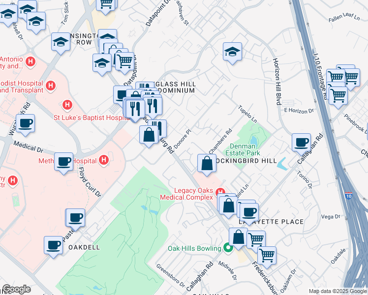 map of restaurants, bars, coffee shops, grocery stores, and more near 110 Fredericksburg Road in San Antonio