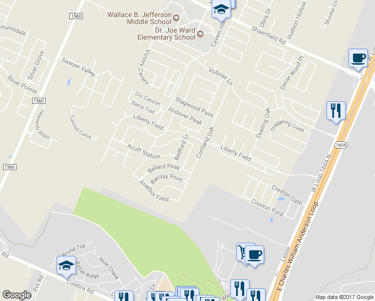 map of restaurants, bars, coffee shops, grocery stores, and more near 7606 Bedford Creek in San Antonio