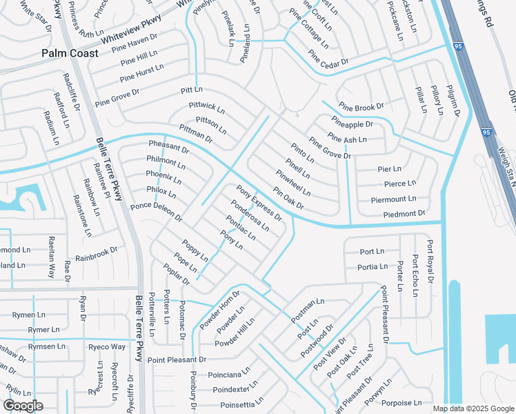 map of restaurants, bars, coffee shops, grocery stores, and more near 46 Pony Express Drive in Palm Coast
