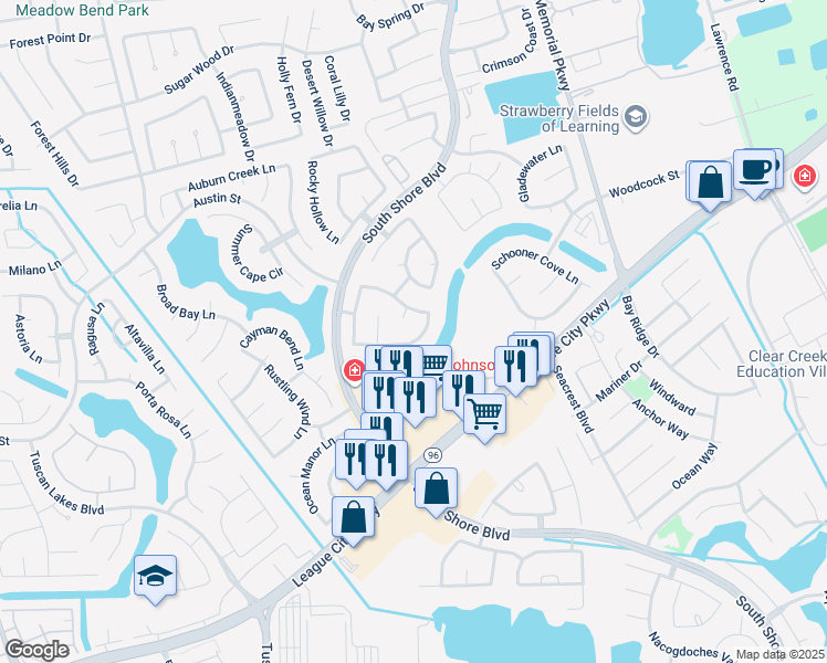 map of restaurants, bars, coffee shops, grocery stores, and more near 2988 Rising Tide Lane in League City