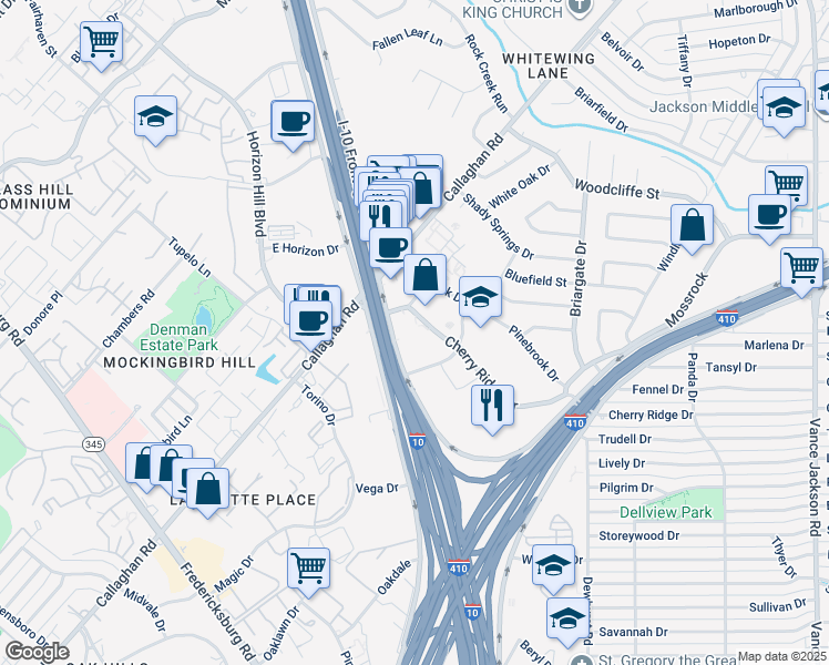 map of restaurants, bars, coffee shops, grocery stores, and more near 7839 Frontage Road in San Antonio