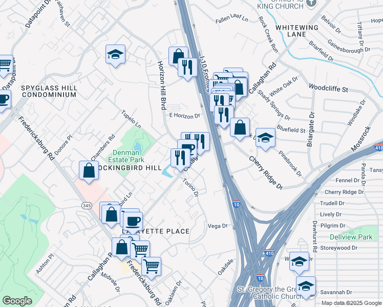 map of restaurants, bars, coffee shops, grocery stores, and more near 3718 Horizon Hill Boulevard in San Antonio