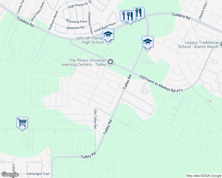 map of restaurants, bars, coffee shops, grocery stores, and more near 7511-7543 Talley Rd in San Antonio