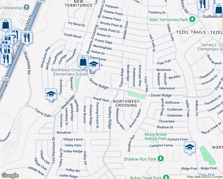 map of restaurants, bars, coffee shops, grocery stores, and more near 9823 Boulder Hill Street in San Antonio